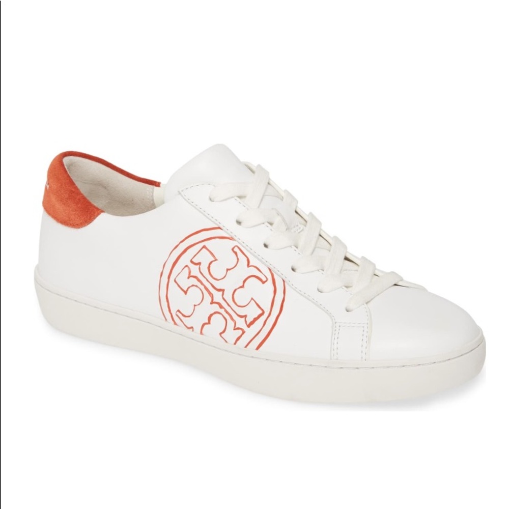 Tory Burch T-LOGO Leather Low Top Sneaker Orange - Picture 4 of 12